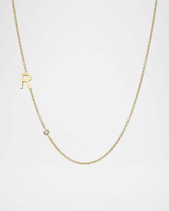 14k Gold Asymmetrical Initial and Bezel Diamond Necklace